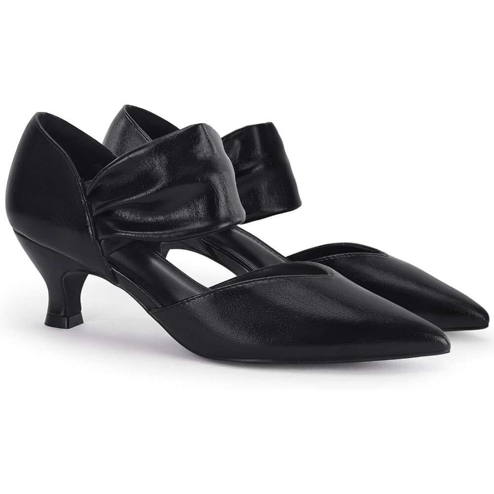 Women's Cool Black Low Kitten Heel Dress Shoes Pointed Toe Slip On Ankle Strap